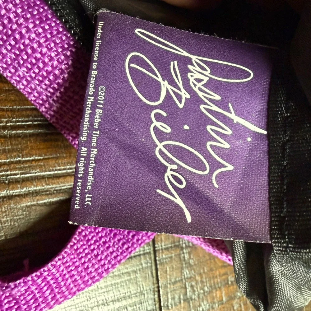 Justin Bieber 2011 Tour Merchandise Backpack Black Purple Puffer Bag Y2K RARE